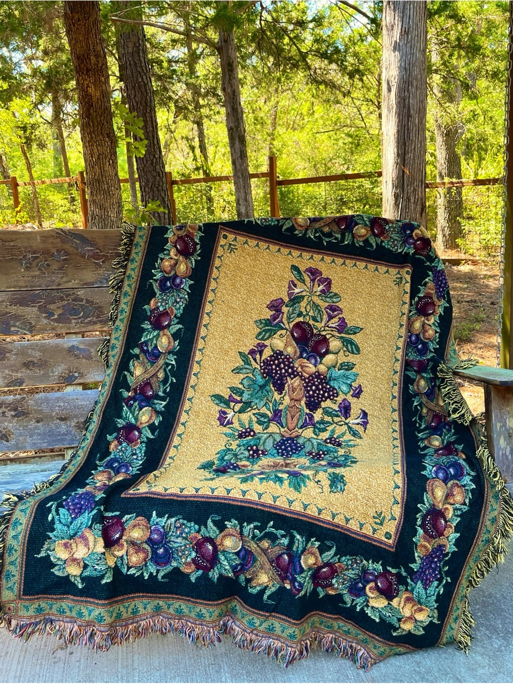 Vintage Old World Italy Woven Fruit Floral Harvest Theme Throw Blanket fringe